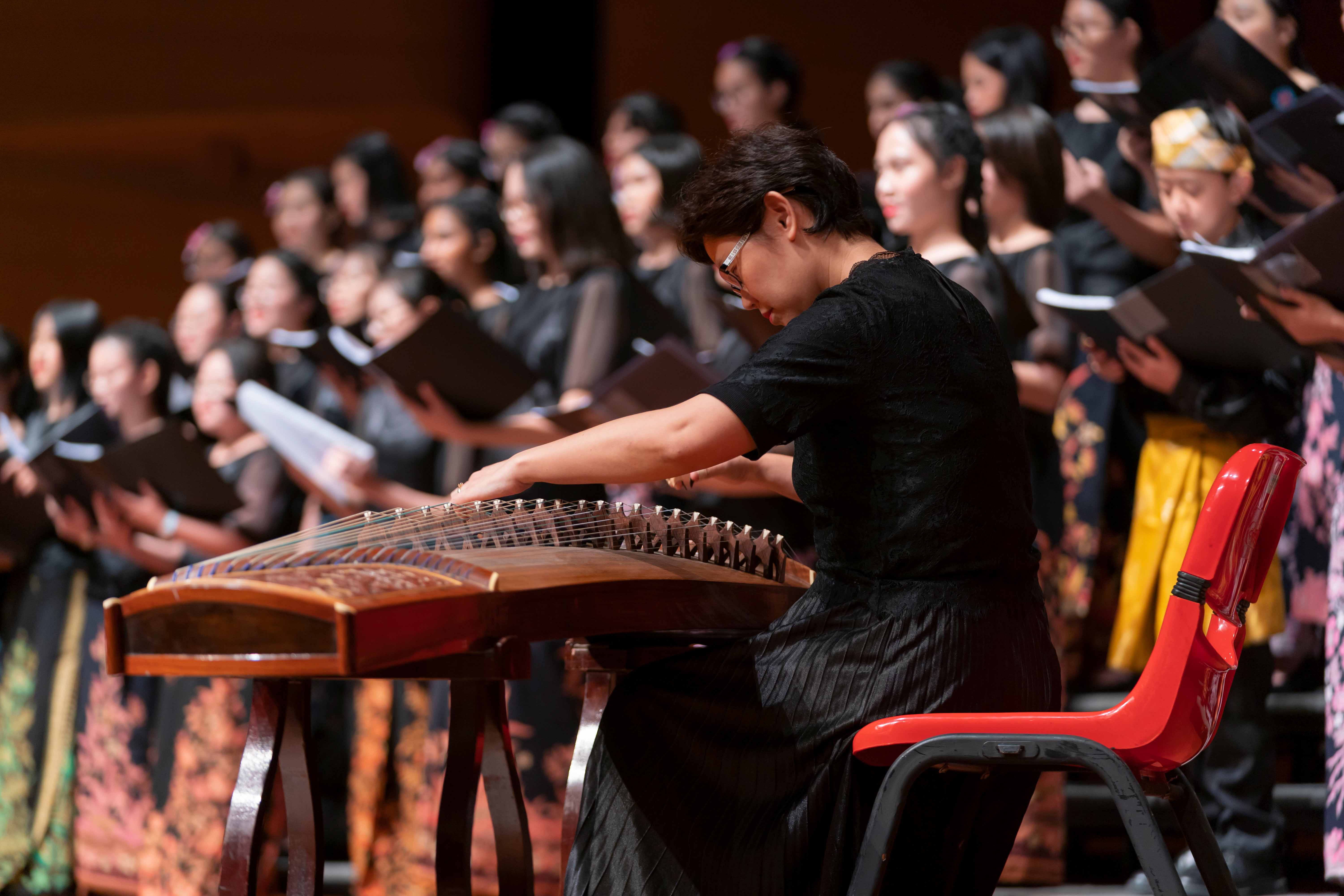 A musician performing on a traditional string instrument in the foreground as BVSS Choir members sing on stage at the Lee Foundation Theatre Concert.